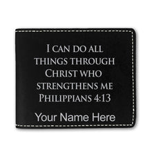 Load image into Gallery viewer, Faux Leather Bi-Fold Wallet, Bible Verse Philippians 4-13, Personalized Engraving Included
