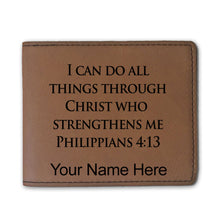 Load image into Gallery viewer, Faux Leather Bi-Fold Wallet, Bible Verse Philippians 4-13, Personalized Engraving Included
