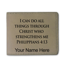 Load image into Gallery viewer, Faux Leather Bi-Fold Wallet, Bible Verse Philippians 4-13, Personalized Engraving Included
