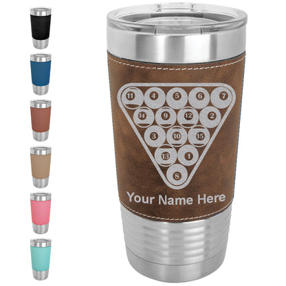 20oz Faux Leather Tumbler Mug, Billiard Balls, Personalized Engraving Included - LaserGram Custom Engraved Gifts