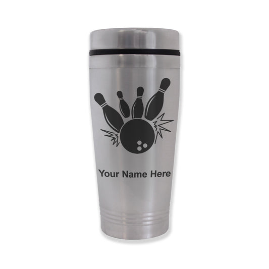 Commuter Travel Mug, Bowling Ball and Pins, Personalized Engraving Included