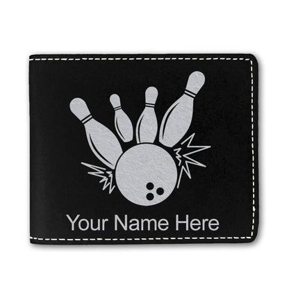 Faux Leather Bi-Fold Wallet, Bowling Ball and Pins, Personalized Engraving Included