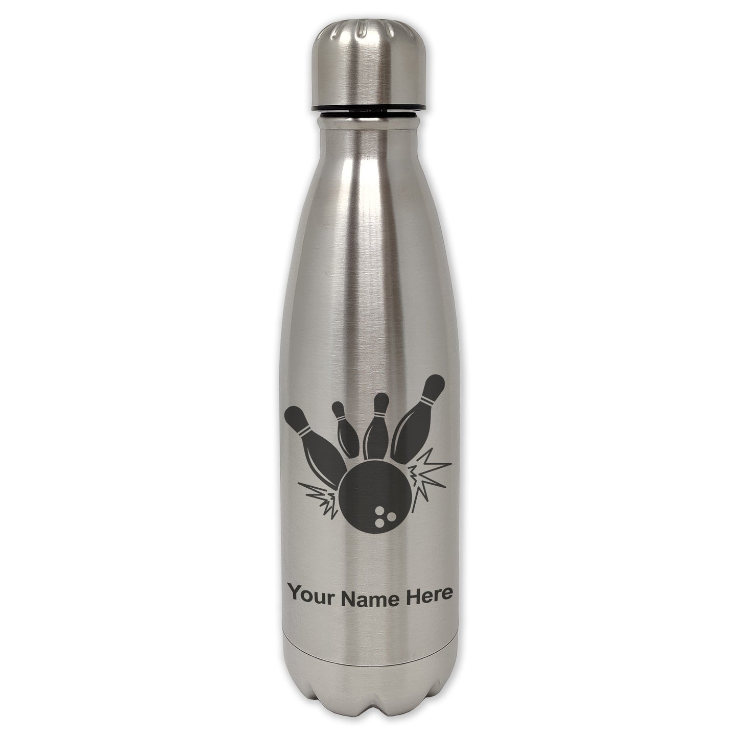 LaserGram Single Wall Water Bottle, Bowling Ball and Pins, Personalized Engraving Included