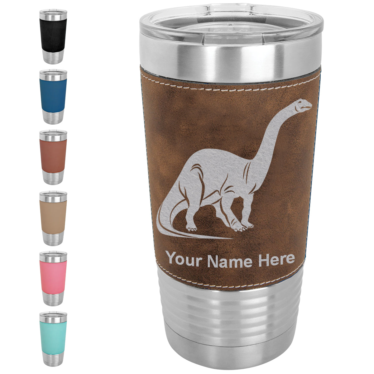 20oz Faux Leather Tumbler Mug, Brontosaurus Dinosaur, Personalized Engraving Included - LaserGram Custom Engraved Gifts