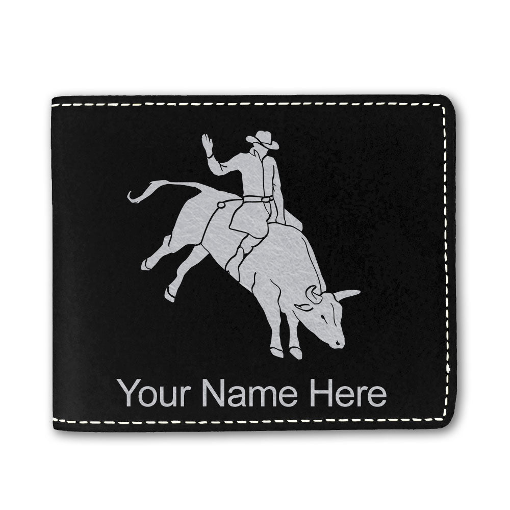 Faux Leather Bi-Fold Wallet, Bull Rider Cowboy, Personalized Engraving Included