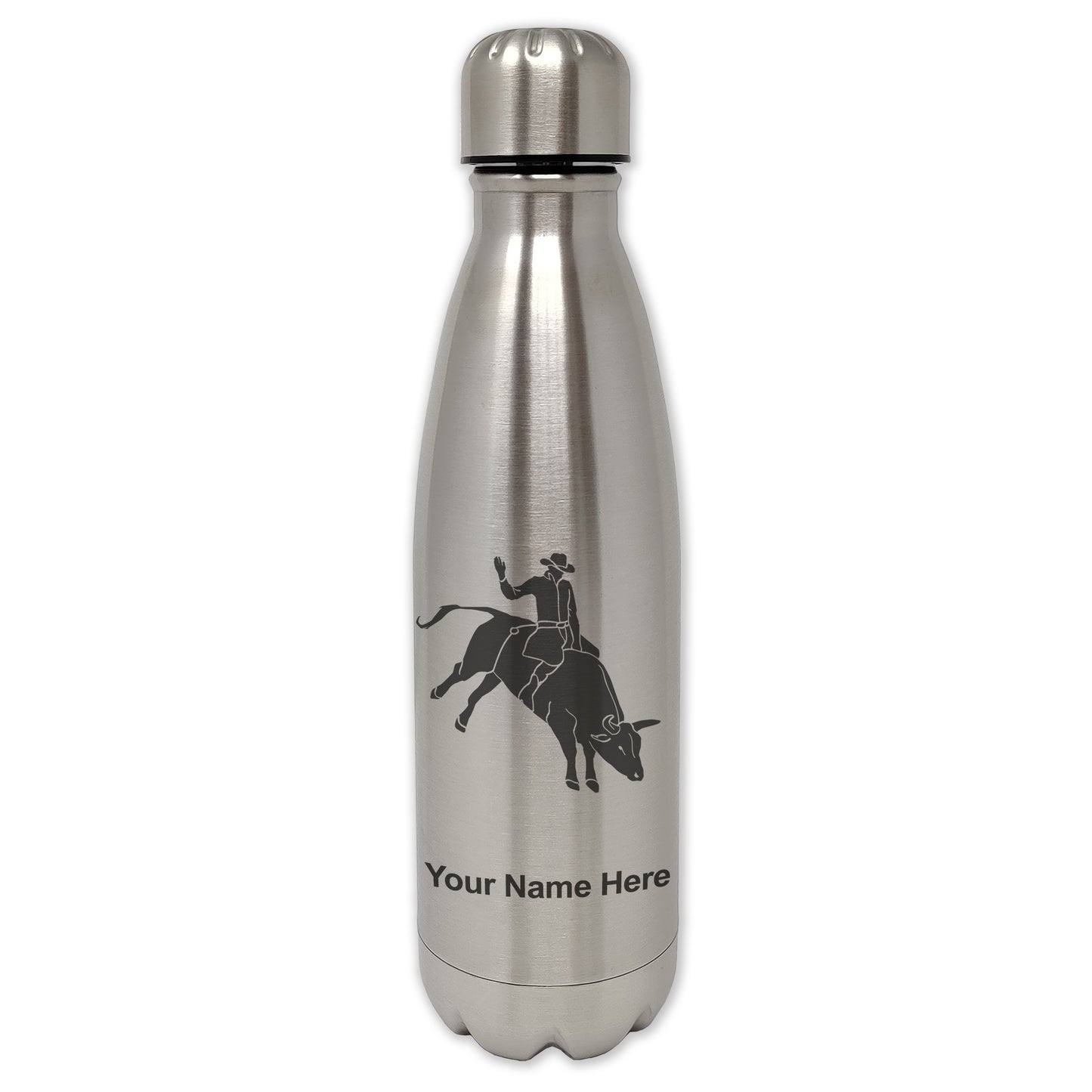 LaserGram Single Wall Water Bottle, Bull Rider Cowboy, Personalized Engraving Included