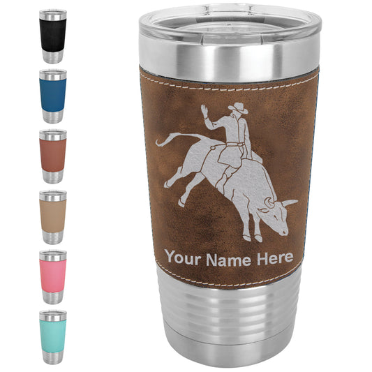 20oz Faux Leather Tumbler Mug, Bull Rider Cowboy, Personalized Engraving Included - LaserGram Custom Engraved Gifts