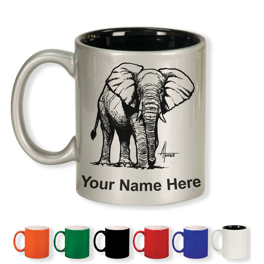 11oz Round Ceramic Coffee Mug, African Elephant, Personalized Engraving Included