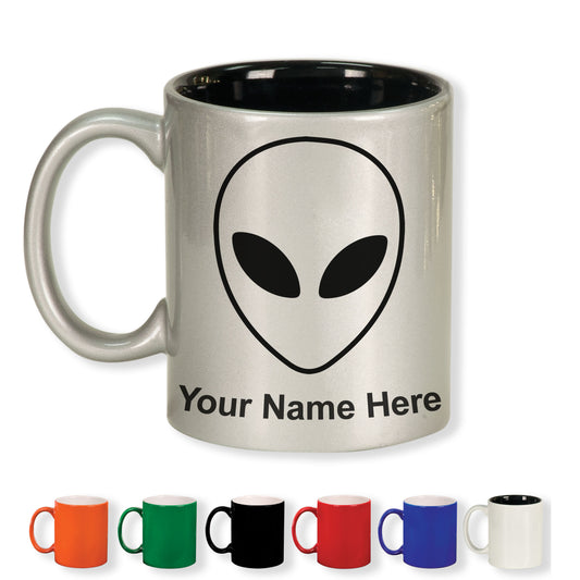 11oz Round Ceramic Coffee Mug, Alien Head, Personalized Engraving Included
