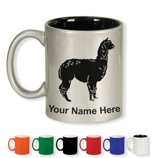 11oz Round Ceramic Coffee Mug, Alpaca, Personalized Engraving Included