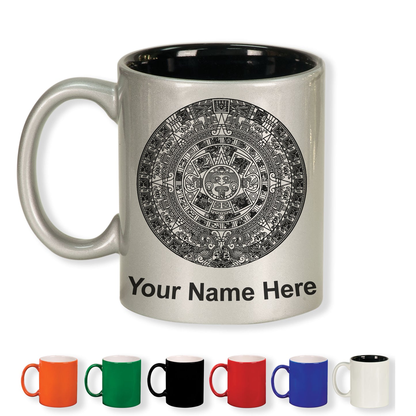 11oz Round Ceramic Coffee Mug, Aztec Calendar, Personalized Engraving Included