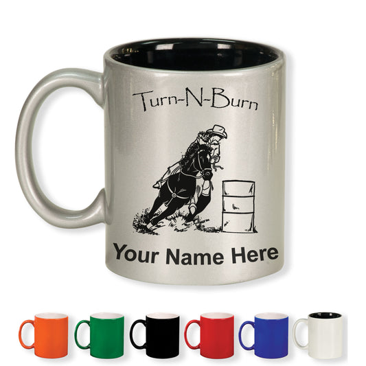 11oz Round Ceramic Coffee Mug, Barrel Racer Turn N Burn, Personalized Engraving Included