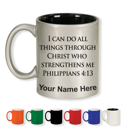 11oz Round Ceramic Coffee Mug, Bible Verse Philippians 4-13, Personalized Engraving Included