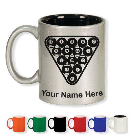 11oz Round Ceramic Coffee Mug, Billiard Balls, Personalized Engraving Included