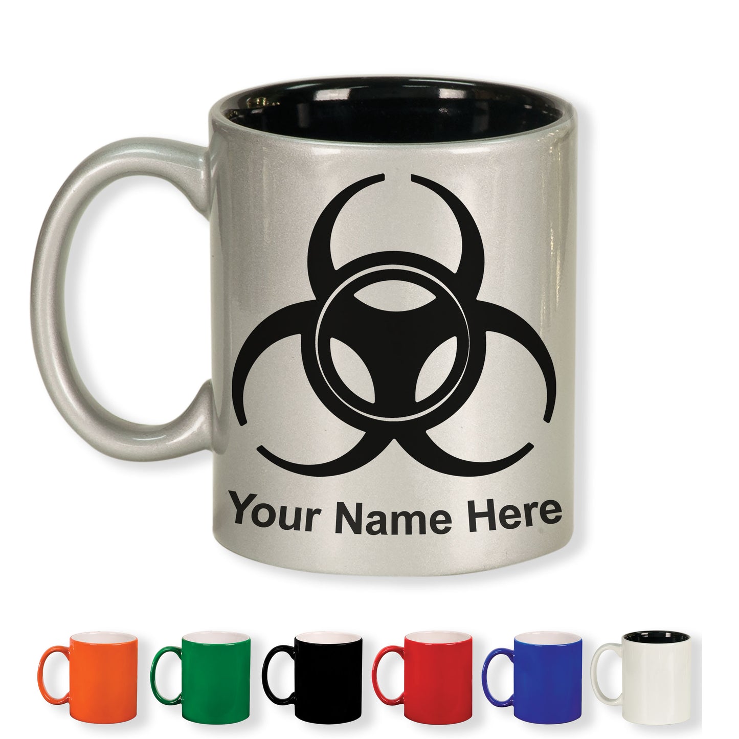 11oz Round Ceramic Coffee Mug, Biohazard Symbol, Personalized Engraving Included