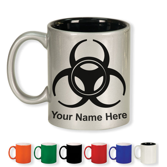 11oz Round Ceramic Coffee Mug, Biohazard Symbol, Personalized Engraving Included