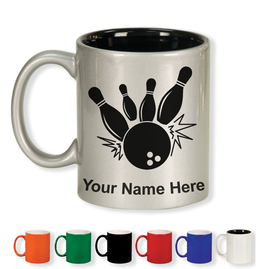 11oz Round Ceramic Coffee Mug, Bowling Ball and Pins, Personalized Engraving Included