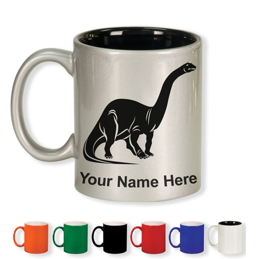 11oz Round Ceramic Coffee Mug, Brontosaurus Dinosaur, Personalized Engraving Included