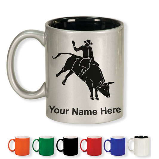 11oz Round Ceramic Coffee Mug, Bull Rider Cowboy, Personalized Engraving Included