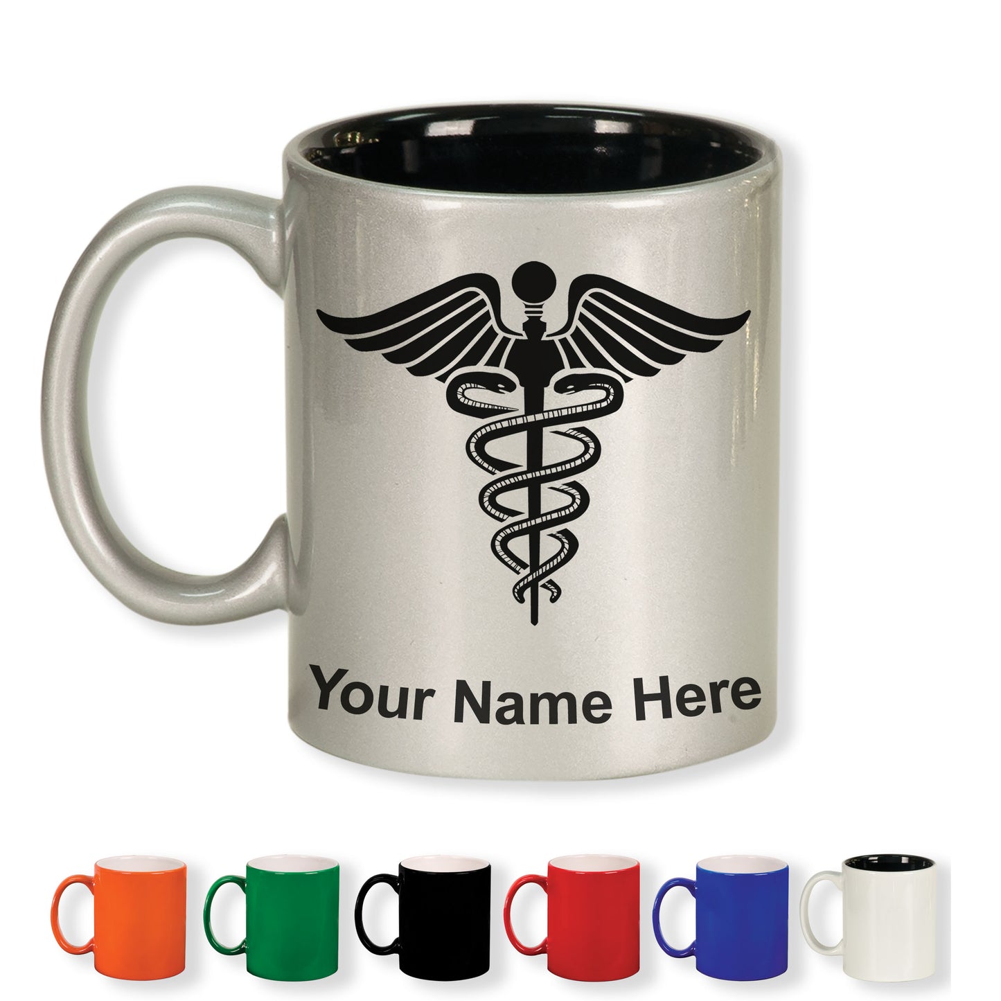 11oz Round Ceramic Coffee Mug, Caduceus Medical Symbol, Personalized Engraving Included