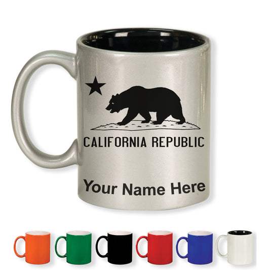 11oz Round Ceramic Coffee Mug, California Republic Bear Flag, Personalized Engraving Included