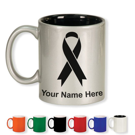 11oz Round Ceramic Coffee Mug, Cancer Awareness Ribbon, Personalized Engraving Included