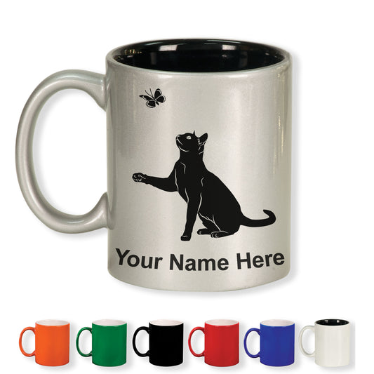 11oz Round Ceramic Coffee Mug, Cat with Butterfly, Personalized Engraving Included