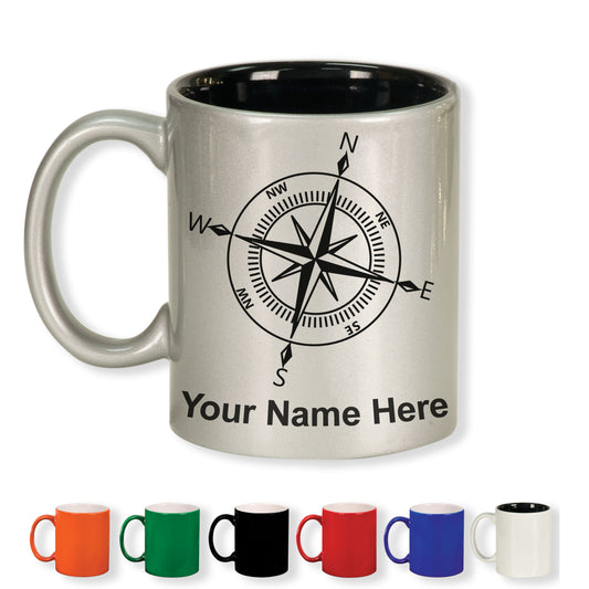 11oz Round Ceramic Coffee Mug, Compass Rose, Personalized Engraving Included
