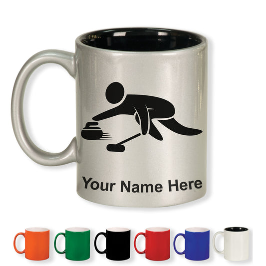 11oz Round Ceramic Coffee Mug, Curling Figure, Personalized Engraving Included
