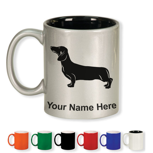 11oz Round Ceramic Coffee Mug, Dachshund Dog, Personalized Engraving Included