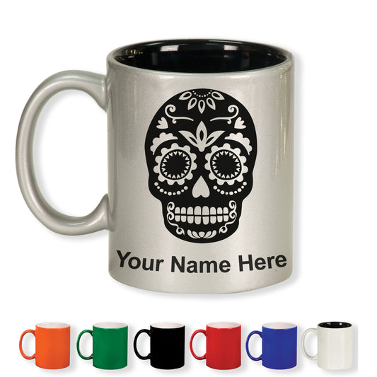 11oz Round Ceramic Coffee Mug, Day of the Dead, Personalized Engraving Included