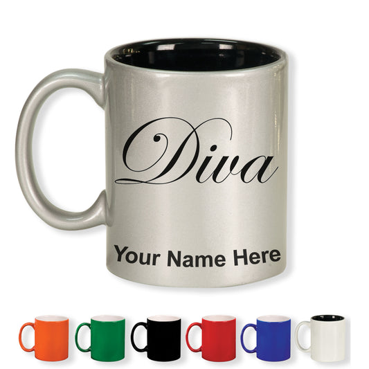 11oz Round Ceramic Coffee Mug, Diva, Personalized Engraving Included