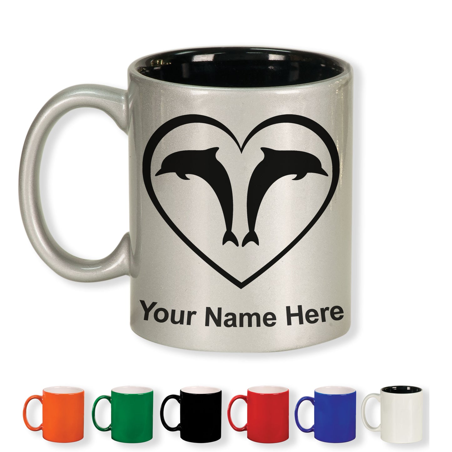 11oz Round Ceramic Coffee Mug, Dolphin Heart, Personalized Engraving Included