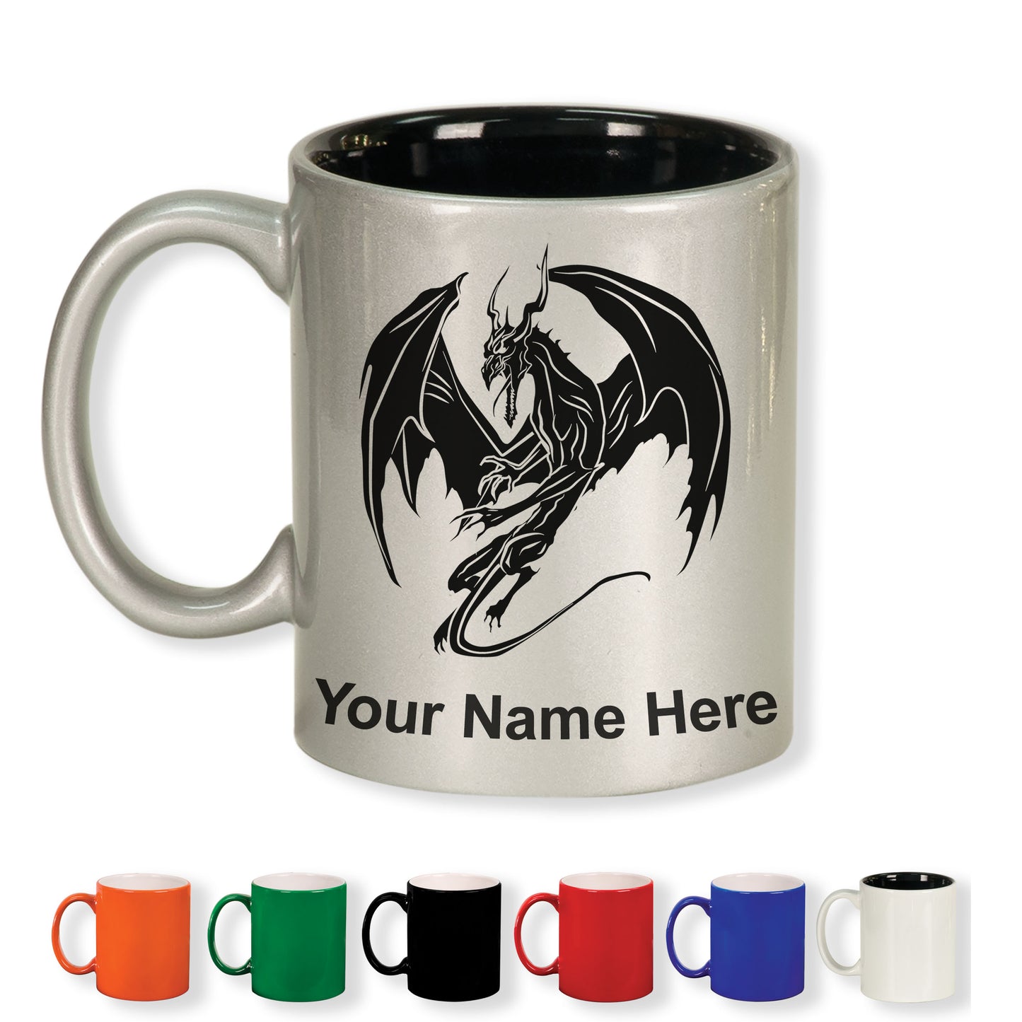 11oz Round Ceramic Coffee Mug, Dragon, Personalized Engraving Included