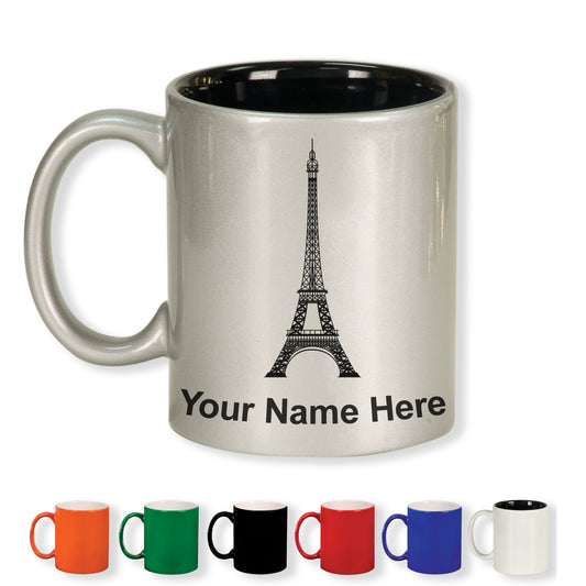 11oz Round Ceramic Coffee Mug, Eiffel Tower, Personalized Engraving Included