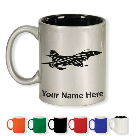 11oz Round Ceramic Coffee Mug, Fighter Jet 1, Personalized Engraving Included