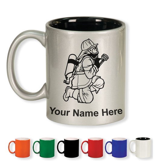 11oz Round Ceramic Coffee Mug, Fireman with Hose, Personalized Engraving Included