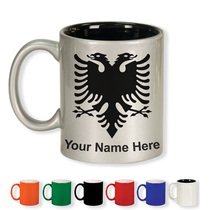 11oz Round Ceramic Coffee Mug, Flag of Albania, Personalized Engraving Included