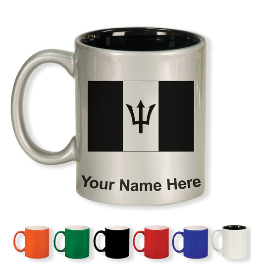 11oz Round Ceramic Coffee Mug, Flag of Barbados, Personalized Engraving Included