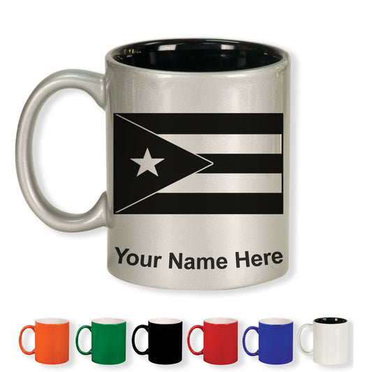 11oz Round Ceramic Coffee Mug, Flag of Puerto Rico, Personalized Engraving Included