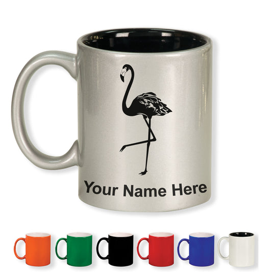 11oz Round Ceramic Coffee Mug, Flamingo, Personalized Engraving Included