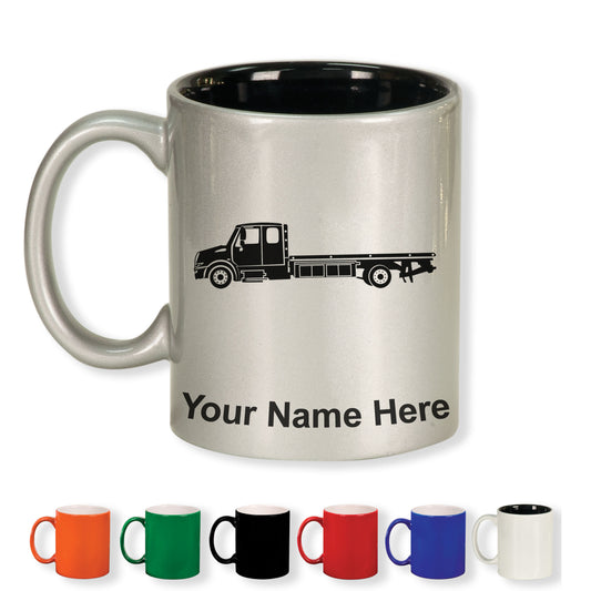 11oz Round Ceramic Coffee Mug, Flat Bed Tow Truck, Personalized Engraving Included