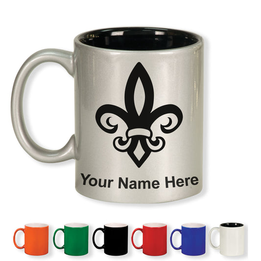 11oz Round Ceramic Coffee Mug, Fleur de Lis, Personalized Engraving Included