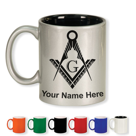 11oz Round Ceramic Coffee Mug, Freemason Symbol, Personalized Engraving Included
