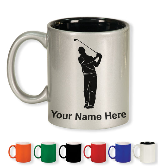 11oz Round Ceramic Coffee Mug, Golfer, Personalized Engraving Included