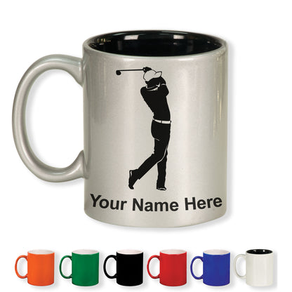 11oz Round Ceramic Coffee Mug, Golfer Golfing, Personalized Engraving Included