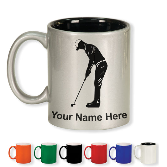 11oz Round Ceramic Coffee Mug, Golfer Putting, Personalized Engraving Included