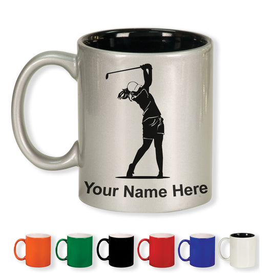 11oz Round Ceramic Coffee Mug, Golfer Woman, Personalized Engraving Included