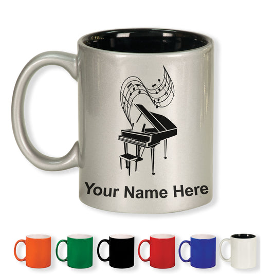 11oz Round Ceramic Coffee Mug, Grand Piano, Personalized Engraving Included