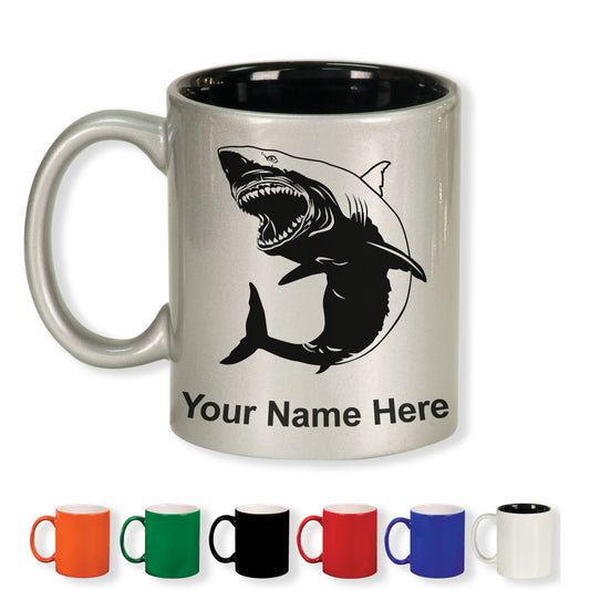 11oz Round Ceramic Coffee Mug, Great White Shark, Personalized Engraving Included